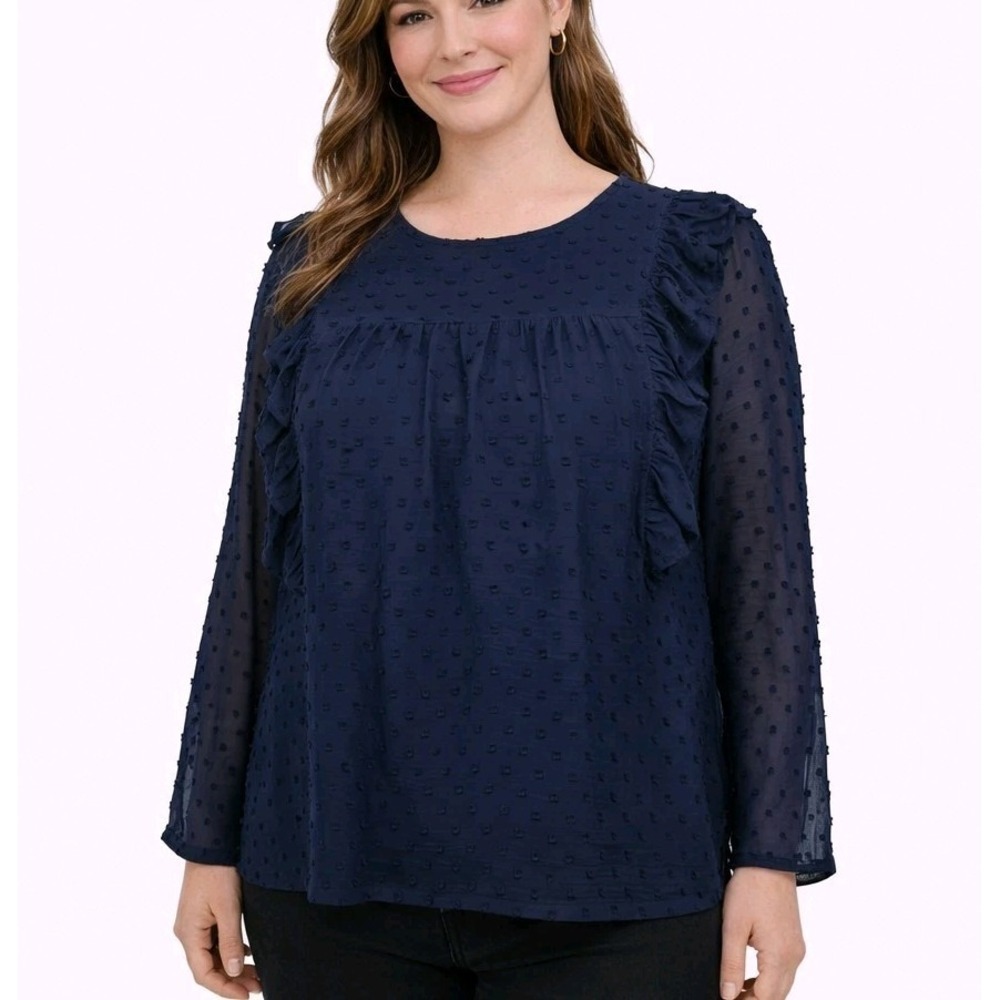 J.CREW Size 12 Navy Blue French Dot Pleated Ruffle Sheer Sleeve Keyhole Blouse‎
